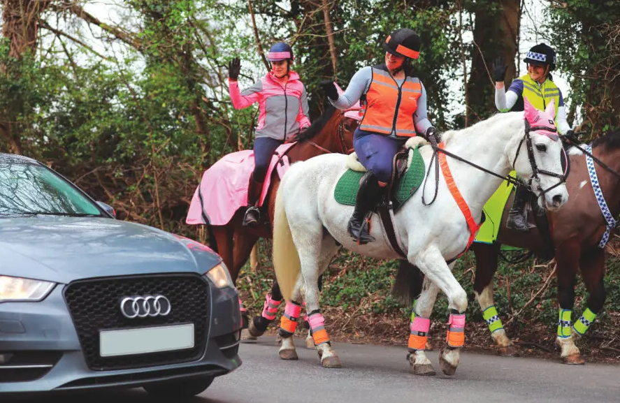 horse riders thanking car drivers