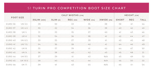 A size chart table for the 51 Turin Pro competition boot, showing foot sizes from Euro 35 to Euro 46 with columns for slim, calf widths, wide/extra-wide, short, regular, and tall measurements.