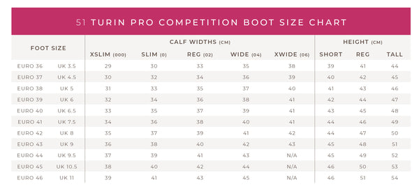 A size chart table for the 51 Turin Pro competition boot, showing foot sizes from Euro 35 to Euro 46 with columns for slim, calf widths, wide/extra-wide, short, regular, and tall measurements.
