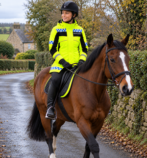 A person in a bright high-visibility riding jacket and black helmet sits on a brown horse outdoors on a wet road, with hedges, stone walls, and houses in the background.
