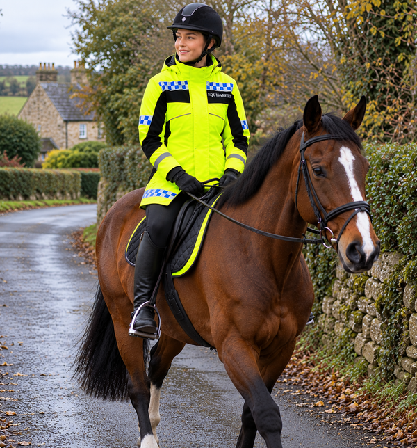 A person in a bright high-visibility riding jacket and black helmet sits on a brown horse outdoors on a wet road, with hedges, stone walls, and houses in the background.