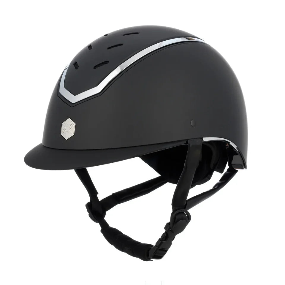 A matte black half helmet with a silver geometric logo on the front and a silver V-shaped accent on the forehead, shown against a plain white background.