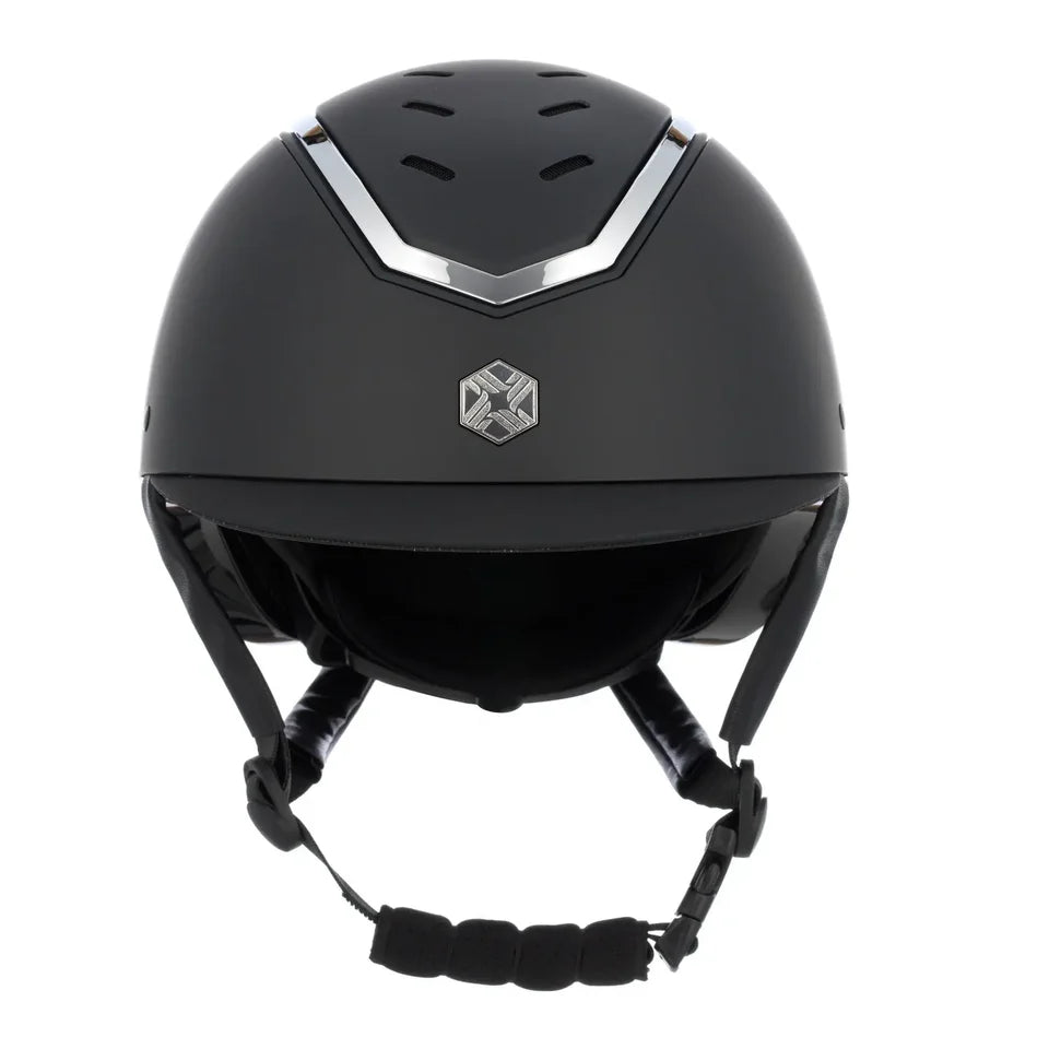 A matte black half helmet with a silver geometric logo on the front and a silver V-shaped accent on the forehead, shown against a plain white background.