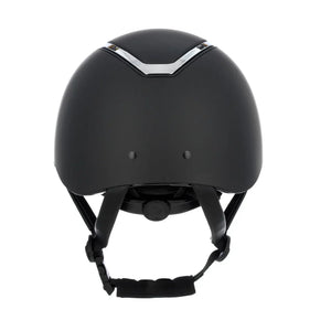 Black helmet with a silver stripe on a white background