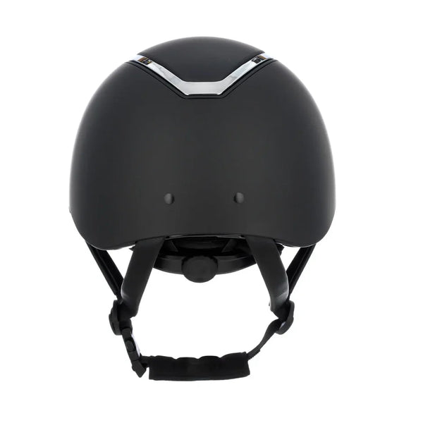 Black helmet with a silver stripe on a white background