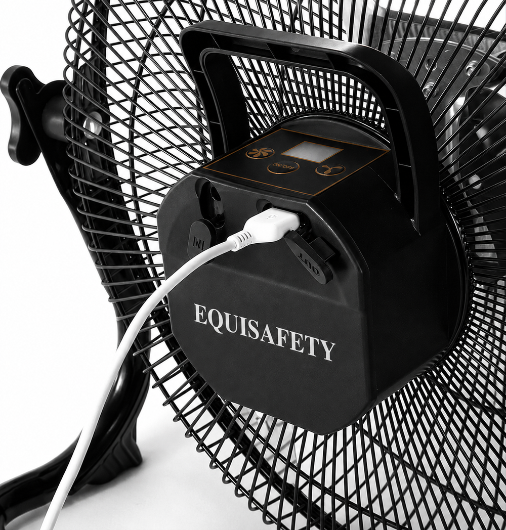 A black Equisafety industrial fan with a wire safety grille and adjustable stand, shown on a white background.