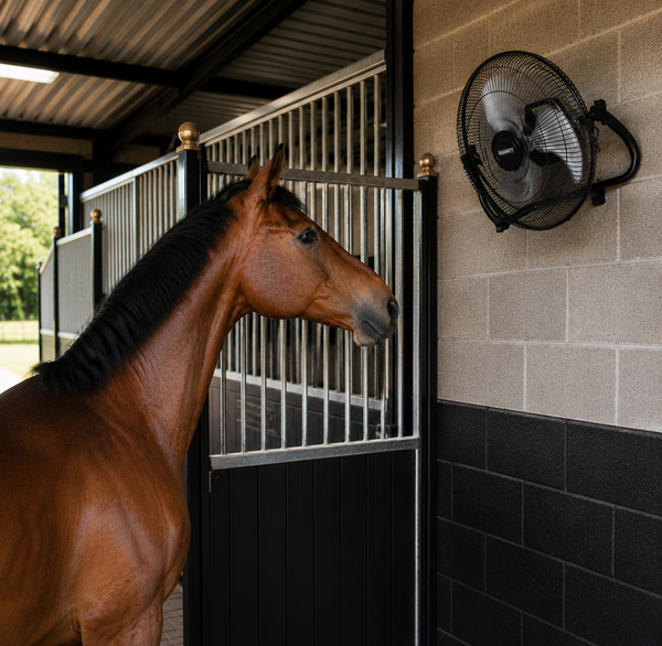 A brown horse stands in a stable next to a wall-mounted black fan, with metal stalls and a tiled wall visible.