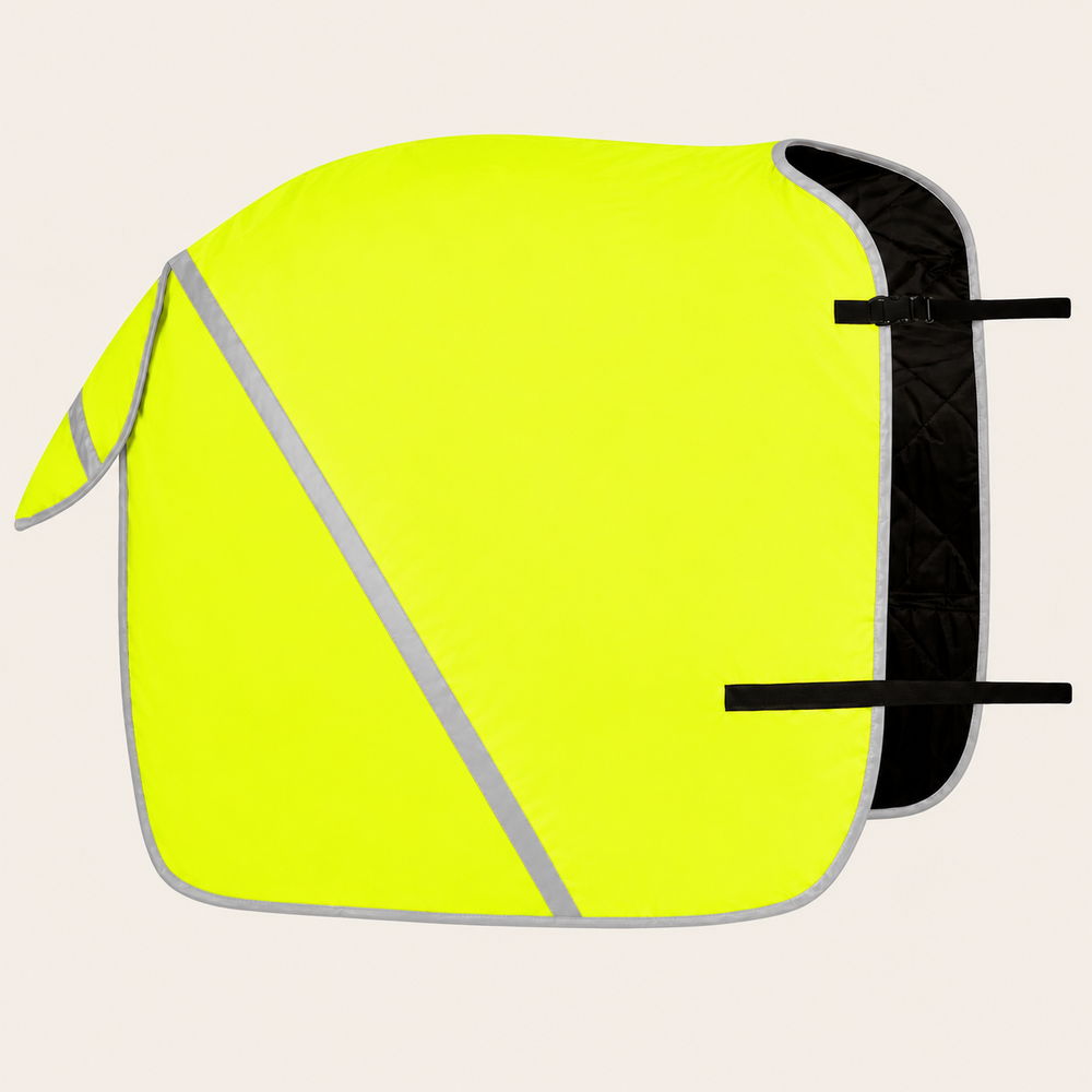 A high-visibility neon yellow equestrian saddle pad with reflective silver-gray trim and black straps, shown against a solid off-white background.