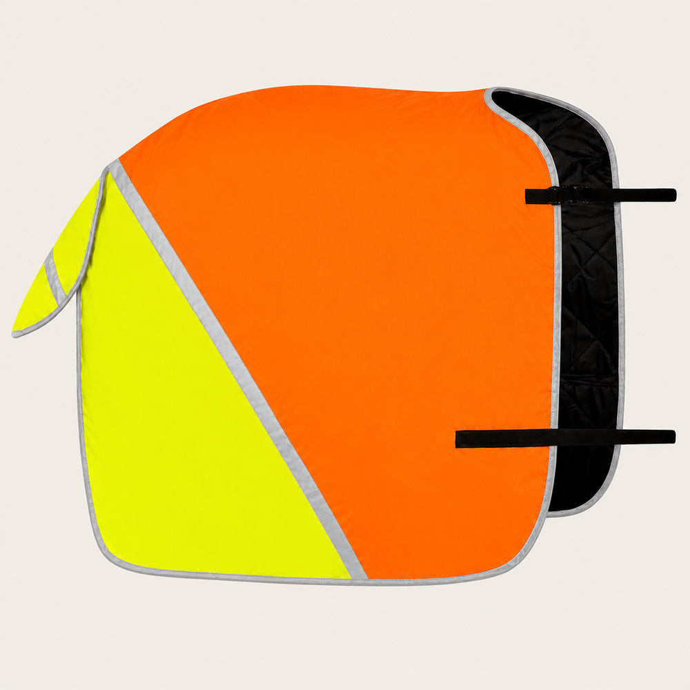 A high-visibility horse blanket with a bright orange and neon yellow color-blocked design, featuring silver reflective trim and black straps on a light beige background.