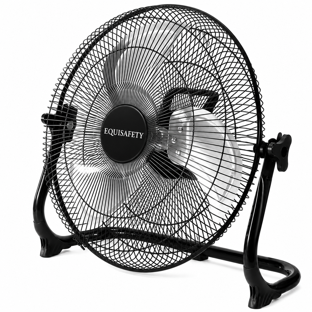 A black Equisafety industrial fan with a wire safety grille and adjustable stand, shown on a white background.