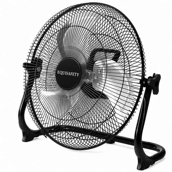 A black Equisafety industrial fan with a wire safety grille and adjustable stand, shown on a white background.