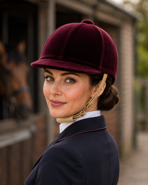 A woman in equestrian attire wearing a deep burgundy velvet riding helmet with a tan chin strap, set against a blurred stable background.