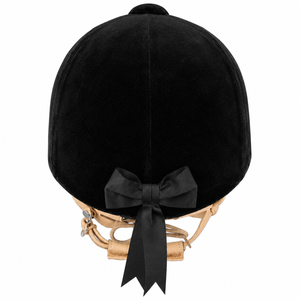 Black velvet riding crop cover with a satin black bow and tan leather straps, shown from the back on a white background.