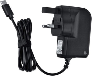 Black USB-C power adapter with a coiled cable and UK three-pin plug on a white background.