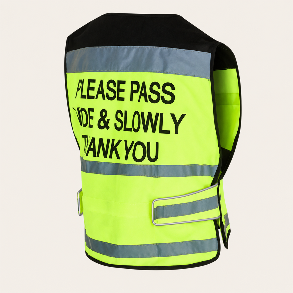 A high-visibility safety vest shown from the back, featuring a bright neon yellow-green body with reflective silver stripes and bold black text that reads 'PLEASE PASS SIDE & SLOWLY THANK YOU'.