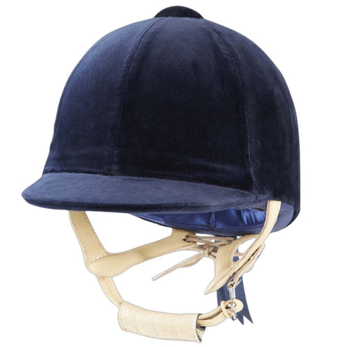 Navy blue velvet riding helmet with gold chin strap on a white background
