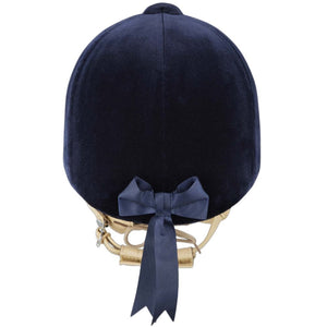 Navy blue helmet with a decorative bow on a white background