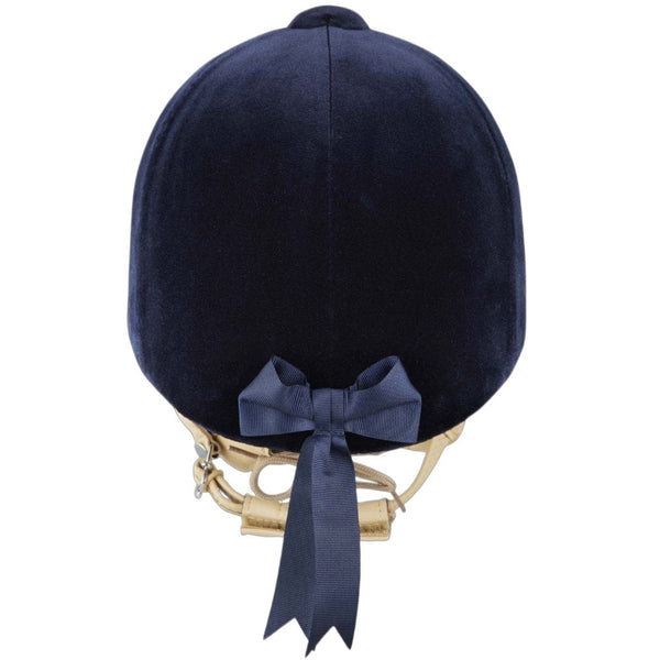 Navy blue helmet with a decorative bow on a white background
