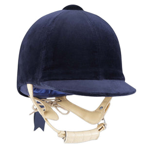 Navy blue equestrian helmet with beige face guard on a white background