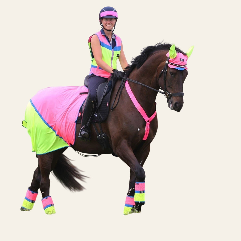Equisafety Multi Coloured Mesh Fly Sheet. Pink/Yellow - Equisafety