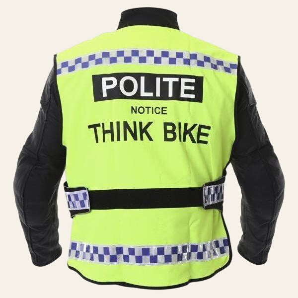 Equisafety POLITE Think Bike Hi Vis Waistcoat BLUE CHECKERED TAPE - Equisafety