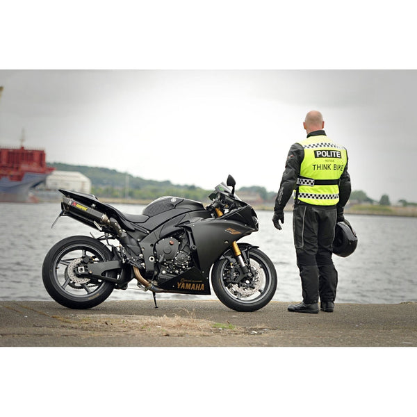 Equisafety POLITE Think Bike Hi Vis Waistcoat BLUE CHECKERED TAPE - Equisafety