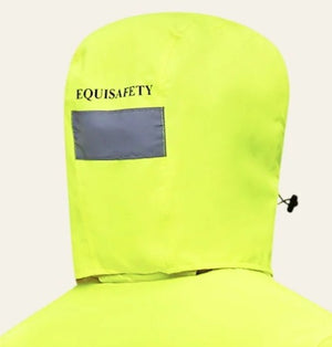 Close-up of the back of a high-visibility neon yellow hooded rain jacket with a gray rectangular patch and the brand name EQUISAFETY printed in black.