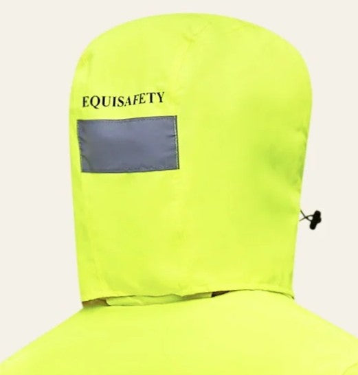 Close-up of the back of a high-visibility neon yellow hooded rain jacket with a gray rectangular patch and the brand name EQUISAFETY printed in black.