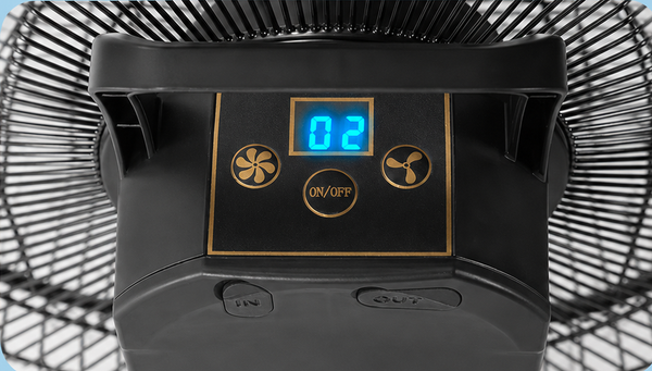 Close-up of a black electric fan with a control panel featuring a blue digital display showing '02' and gold-outlined fan icons and an ON/OFF button.