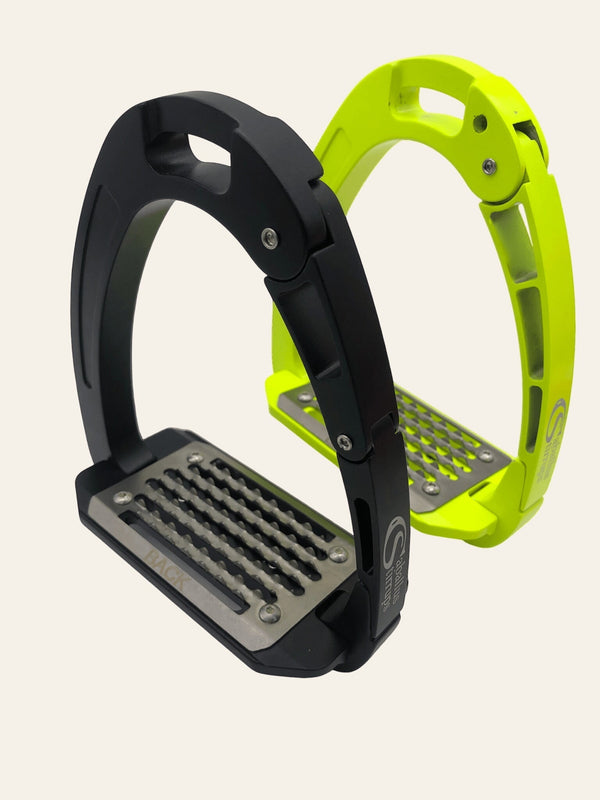 Equisafety safety stirrups single arm degree footplate hi vis pink