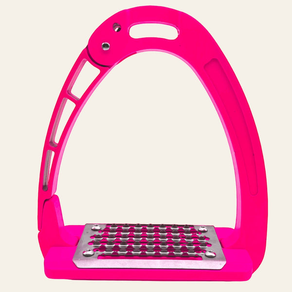 Equisafety safety stirrups single arm degree footplate hi vis pink