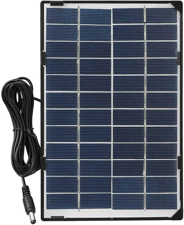 A rectangular solar panel with a black frame and attached black cable, photographed on a plain white background.